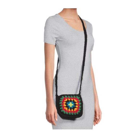 New purse crossbody festival crochet Boho Vibe Open Top Bag Black - Picture 3 of 9